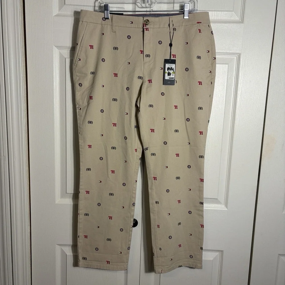 Tommy Hilfiger Hampton Slim Heritage Chino Pants Women 14 Beige Embroidered Logo